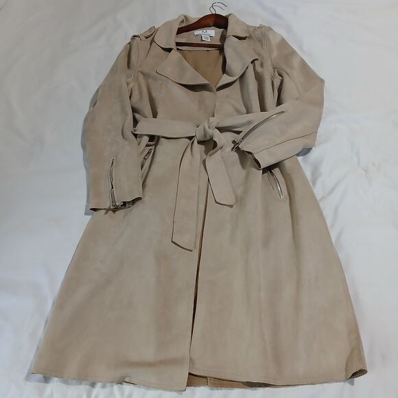 Magaschoni Large Faux Leather/Suede Beige Wrap Trench Coat Mid-Weight SOFT - Picture 3 of 13